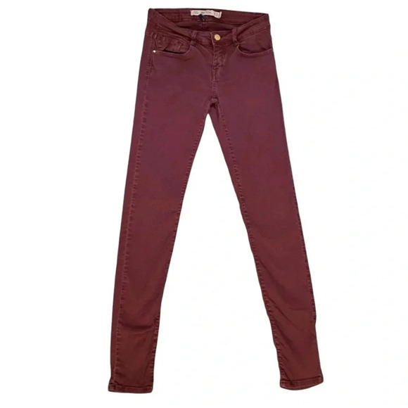 Zara Women's Skinny Jeans Coloured denim Slim Mid rise Maroon burgundy size 2 - Picture 2 of 16